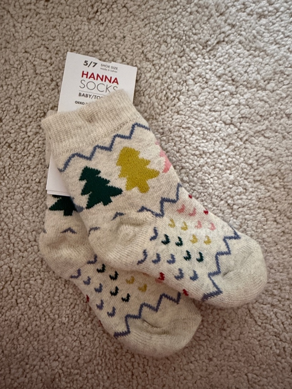 Hannah Baby/Toddler Beige Crew Socks with Pink & Blue Accents